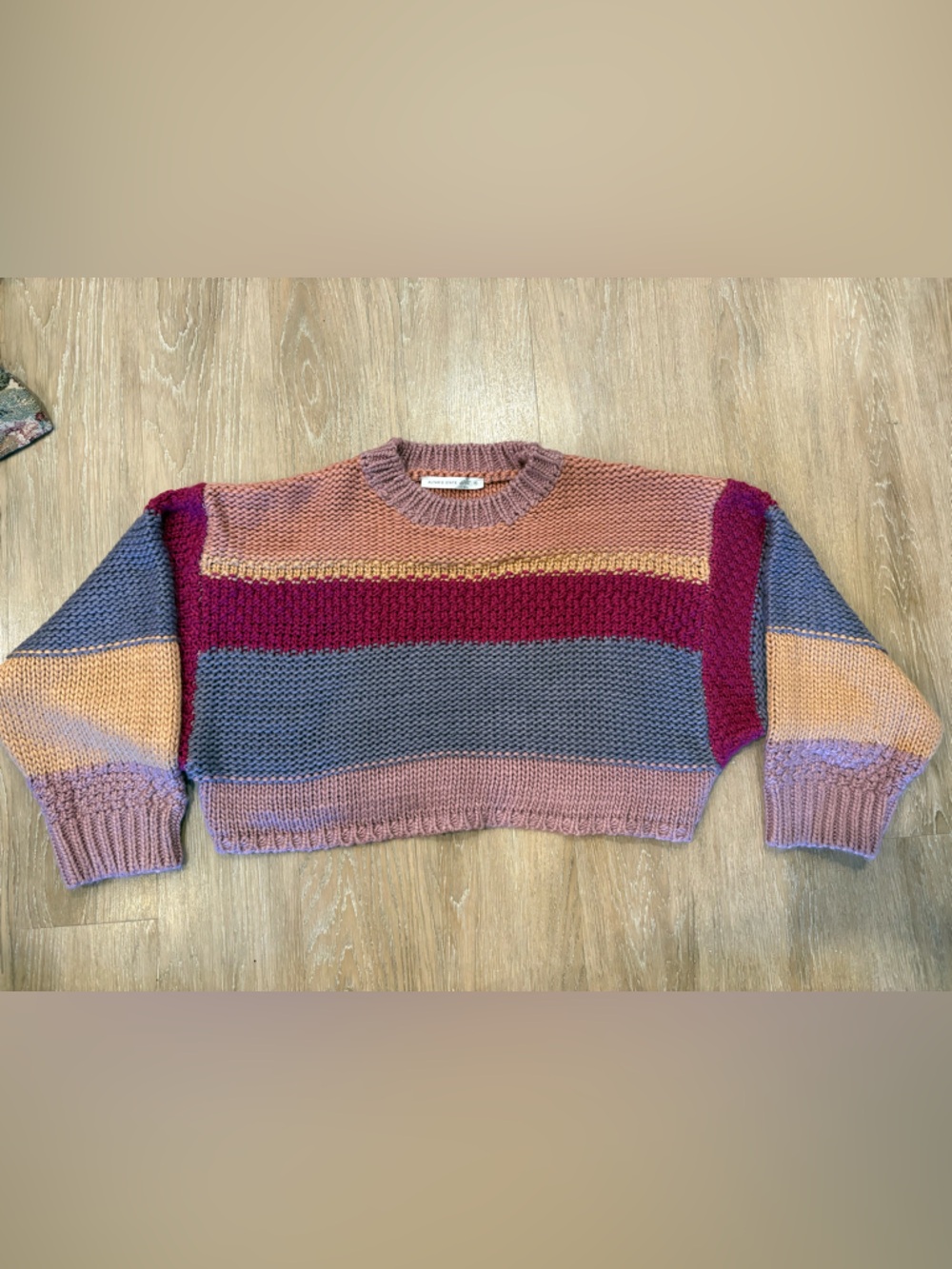 Altar'd State Pink, Mauve, Blue & Gold Stripe Knit Crewneck Sweater